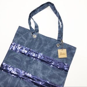 BLISS Washed Canvas Sequin Tote Bag Blue NWT